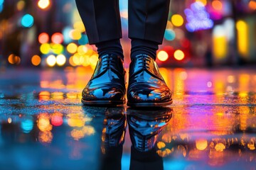 Fototapeta premium Polished dress shoes reflecting city lights on a wet sidewalk during a rainy evening