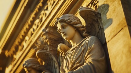 Obraz premium Close-up of an angel statue on a building at sunset.