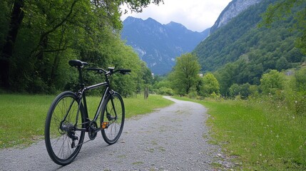 Fototapeta premium Serene Cycling Escape: Black Bicycle on Scenic Mountain Trail
