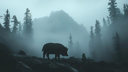 Silhouetted bear wandering through misty forest with mountains in the background at dusk