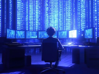 Person sits at a desk surrounded by computer screens
