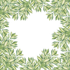 Watercolor square frame with copy space green bouquet green succulent leaves isolated on white background. Hand-drawn summer plant foliage. Botanical nature for sticker tea and wallpaper kitchen