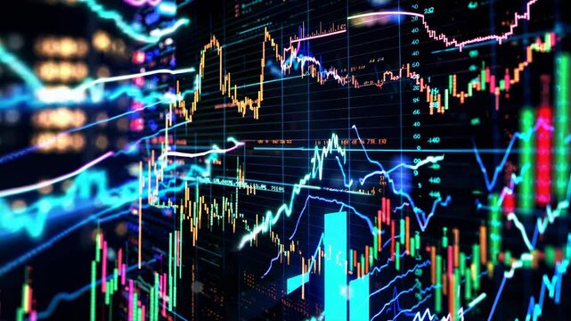 Dynamic video of financial graphs and data overlays, angled to create depth and motion, highlighting market trends and analytics in a digital style.