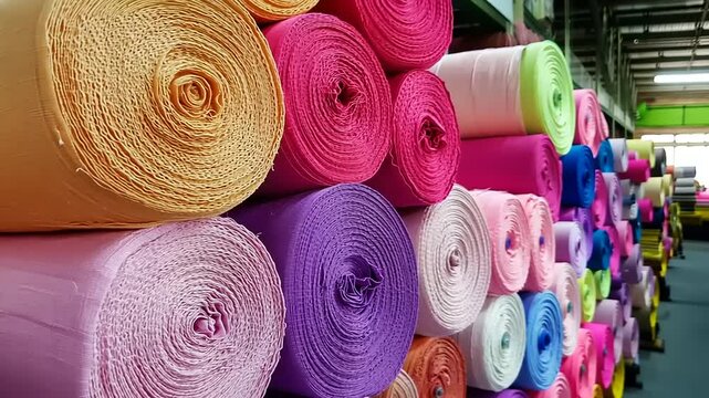Colorful rolls of fabric stacked in a textile store, showcasing vibrant hues and textures