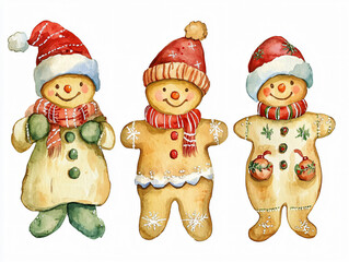 Watercolor gingerbread cookies Christmas folk art festive holiday baking illustration cute whimsical vintage aesthetic warm cozy winter gingerbread house teacup candy cane soft delicate story book