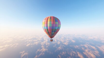 Obraz premium A vibrant hot air balloon soars above a breathtaking sea of clouds, a pastel-colored spectacle against a clear blue sky. Pure serenity.