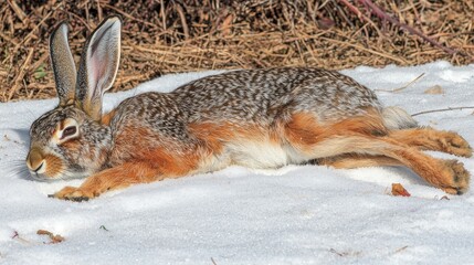 Naklejka premium A serene brown hare resting on a snowy landscape, surrounded by natural foliage in winter
