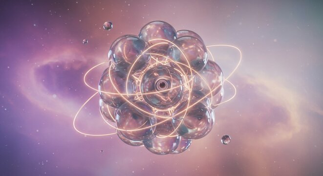 Luminous atom model floats in a serene cosmic backdrop - Powered by Adobe