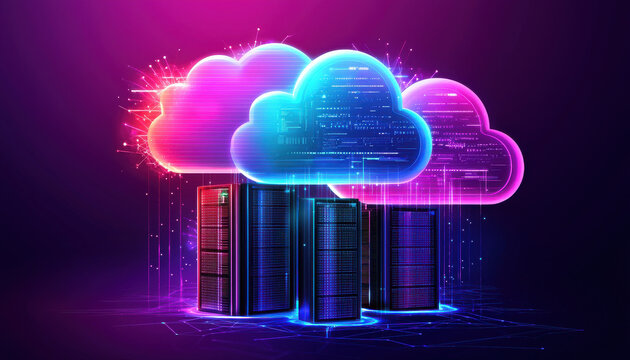 cloud based file storage Neon clouds hover over servers, symbolizing AI driven cloud computing technology