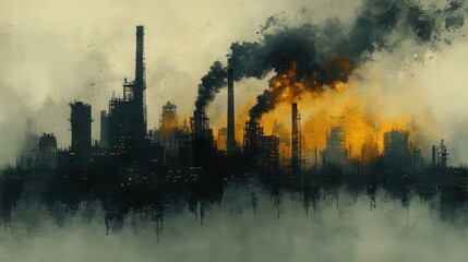 Dark Industrial Landscape with Smoke and Flames Rising from Factories