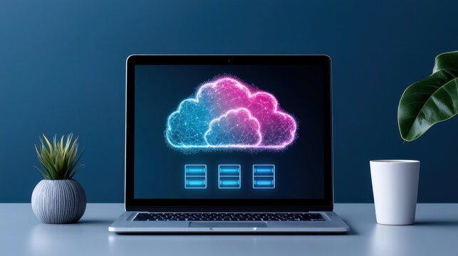 cloud based file storage laptop displaying digital cloud with security icons on desk