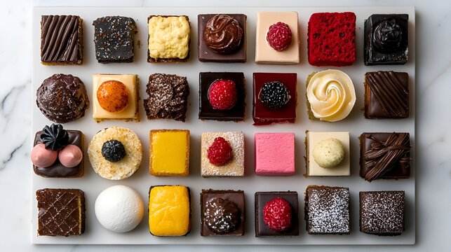 Assorted mini desserts on marble tray, overhead shot, perfect for bakery menu or food blog
