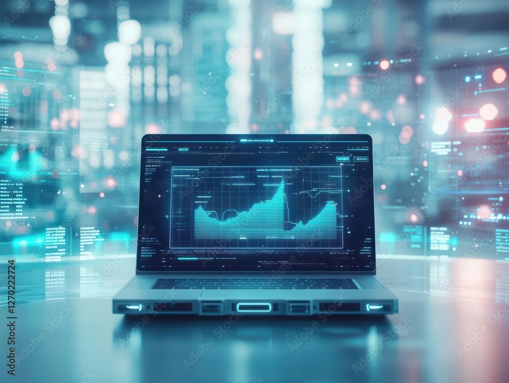 Poster a close-up view of a laptop displaying a dynamic stock market chart with trend lines and data points