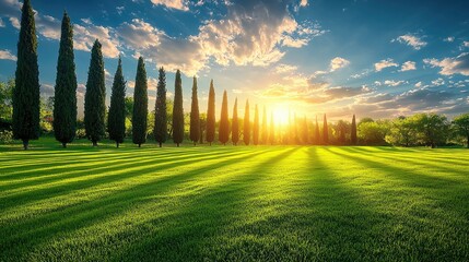 Serene sunset over a lush green field lined with tall cypress trees under a vibrant sky