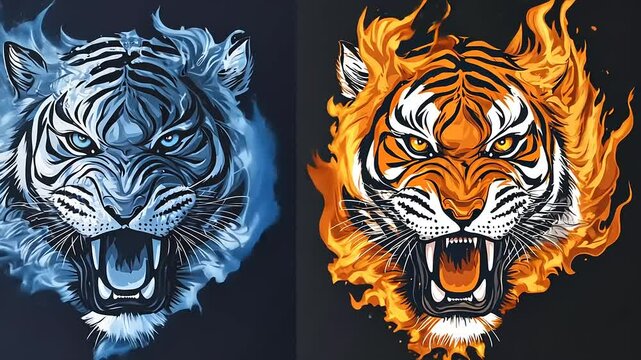 Dual Elemental Tigers: Fiery Orange and Icy Blue in Striking Digital Art