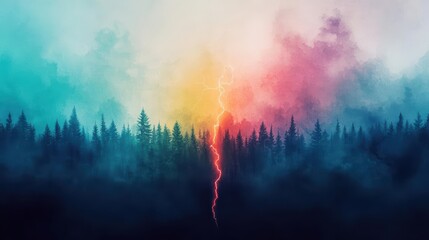 Fototapeta premium Dramatic Lightning Illuminates Dense Forest Under Dark Stormy Sky Creating a Powerful and Intense Natural Scene Filled with Energy and Tension