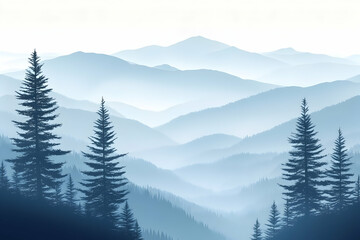 Serene misty mountain landscape with silhouetted evergreen trees, perfect for peaceful backgrounds or nature-themed designs.