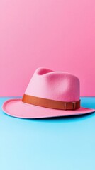 Stylish wide brimmed hat resting on a clean surface with a colorful minimalistic backdrop