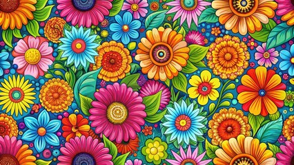 70s Retro Flower Power Seamless Pattern, Bright Floral Background, Vintage Textile Design,Groovy Wallpaper