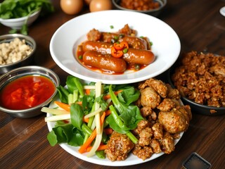 Northern traditional Thai food set known as kantoke dinner featuring crispy pork, tomato paste, mixed vegetables, minced pork, chili paste, and sausage, northern, dinner, sausage