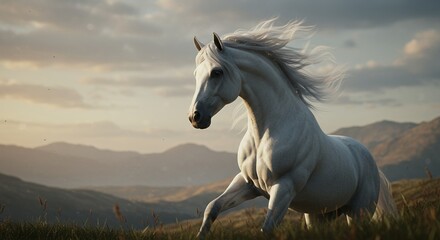 White horse running freely in a mountainous grassy landscape