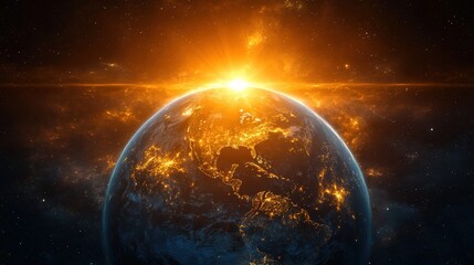 Fototapeta premium Stunning Earth View from Space at Sunrise with Bright Solar Rays