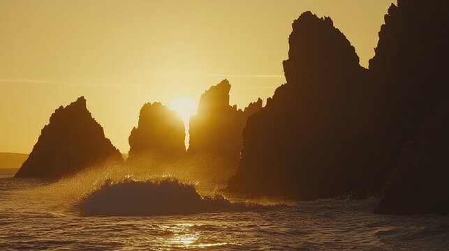 Golden sunset illuminating rocky coastline with waves crashing in serene ocean backdrop