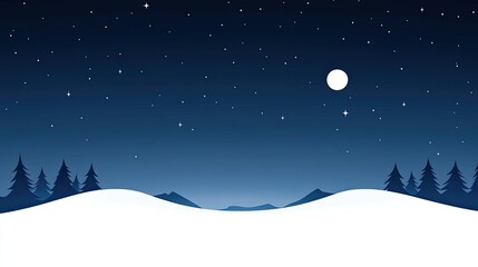Serene Winter Night Landscape with Snowy Hills, Pine Trees, and Starry Sky