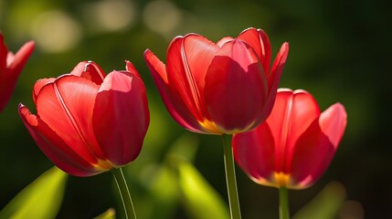 Fototapeta premium Vibrant Red Tulips in Bloom with Delicate Petals and Bright Colors, Natural Sunlight, Sharp Focus on One Flower, Soft Green Background Bokeh Effect
