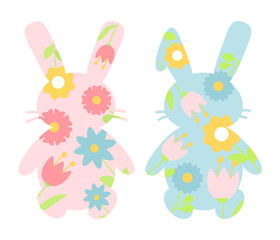 Two flat cartoon bunny silhouettes with floral patterns in pastel shades. One is pink, the other blue, decorated with flowers and leaves. Spring vector illustration
