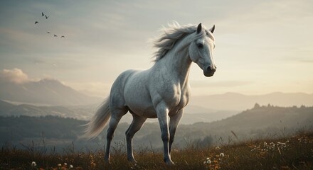 Obraz premium Majestic white horse stands gracefully on a tranquil grassy hillside