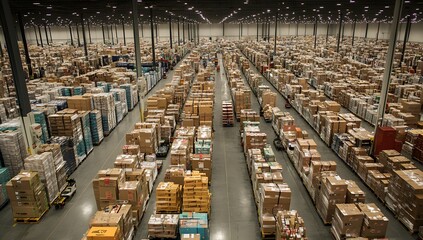 Aerial view of warehouse, filled with stacked boxes, showing worker activity, and high ceilings. Use Business, logistic, ecommerce