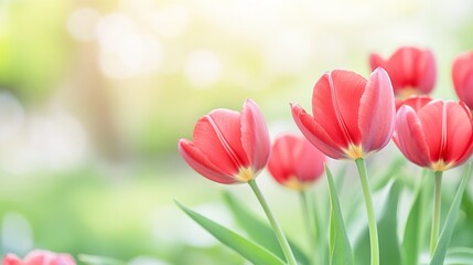 Naklejka premium Vibrant Red Tulips in Bloom with Delicate Petals and Bright Colors, Natural Sunlight, Sharp Focus on One Flower, Soft Green Background Bokeh Effect