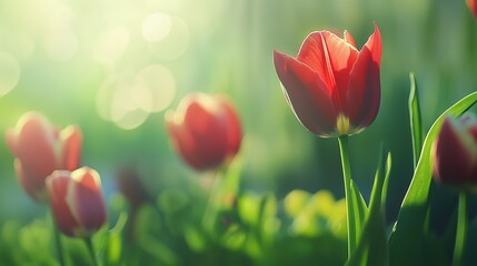 Vibrant Red Tulips in Bloom with Delicate Petals and Bright Colors, Natural Sunlight, Sharp Focus on One Flower, Soft Green Background Bokeh Effect