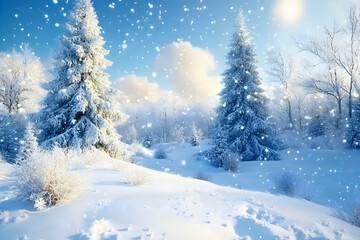 Fototapeta premium Enchanting winter wonderland scene with snow-covered pine trees, falling snowflakes, and a serene, sunlit landscape. Perfect for Christmas, holiday, or winter-themed projects.