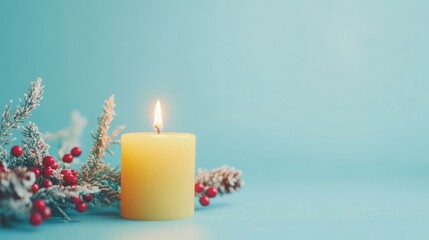 A single, lit yellow candle sits amidst frosted greenery and red berries against a soft blue background. The scene evokes a feeling of warmth, peace, and the holiday season.