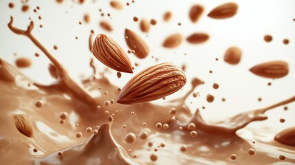Fototapeta premium Almonds splashing in creamy liquid with dynamic motion