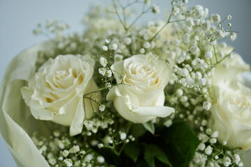 Bridal bouquet of white roses and gypsophila