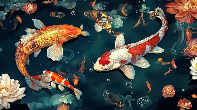Vibrant Koi Fish Swimming in a Tranquil Water Garden Surrounded by Colorful Lilies and Foliage