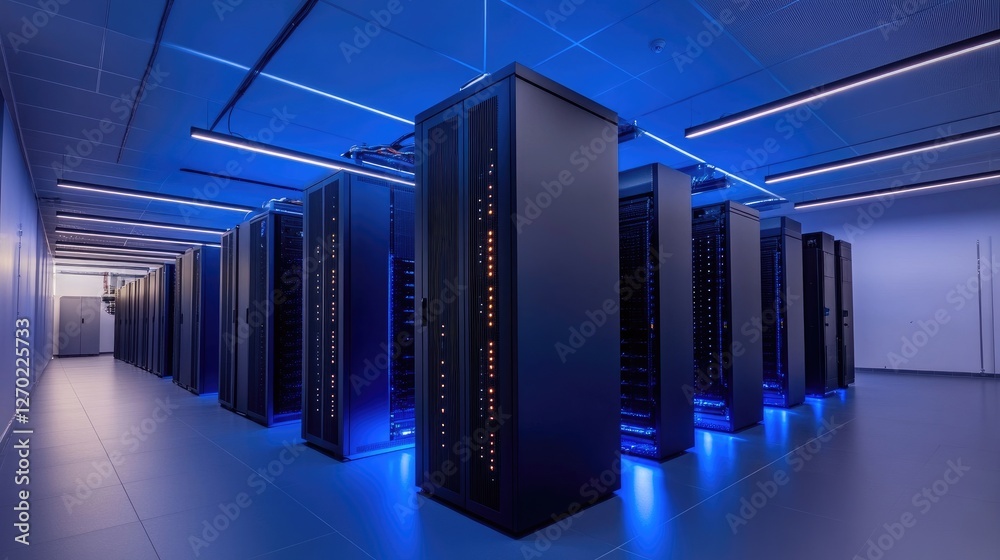 Aufkleber Advanced data center with modern server racks illuminated by blue LED lighting, showcasing high-tech infrastructure and efficient networking. Ideal for cloud computing, IT security, digital storage