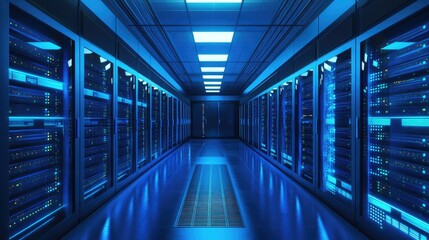 Futuristic data center with illuminated server racks and blue lighting, showcasing modern technology and high-performance computing. Ideal for cloud storage, cybersecurity, and IT solutions