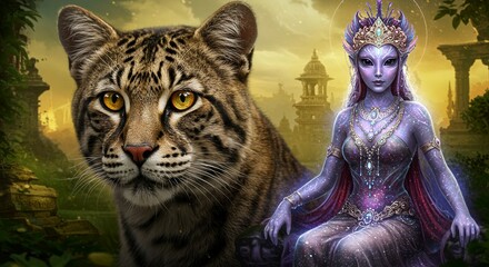 Bobcat and extraterrestrial being in an ancient architectural landscape