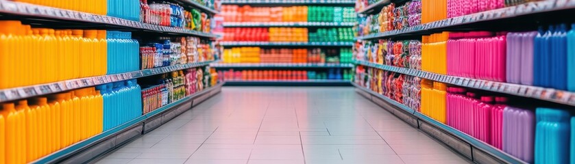Fototapeta premium Vibrant Supermarket Aisle Filled with Colorful Shelves Displaying a Variety of Products Creating a Lively Shopping Experience for Customers
