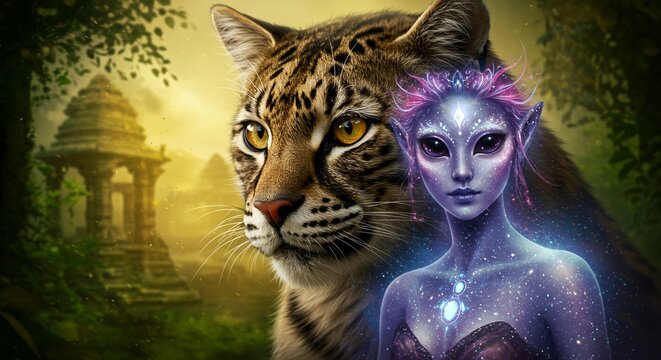 A lynx stands near a cosmic fairy in a forest - Powered by Adobe