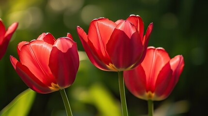 Obraz premium Vibrant Red Tulips in Bloom with Delicate Petals and Bright Colors, Natural Sunlight, Sharp Focus on One Flower, Soft Green Background Bokeh Effect
