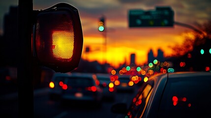 Highway Traffic And Sunset Cityscape With Blurry Car Lights