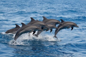 Obraz premium Pod of Dolphins Breaching in Deep Blue Ocean, Group Jumping Together, Sunlight, Splashing Water, Dynamic Movement, Nature Photography