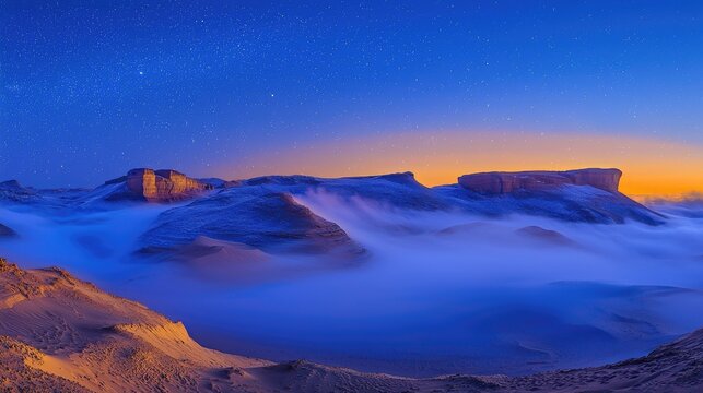 Stunning panoramic view of misty mountains at dusk with starry sky and serene landscape
