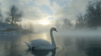 Fototapeta premium Serene swan gracefully gliding on misty lake at sunrise, winter scene.