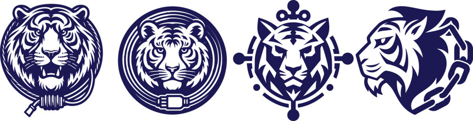 Four stylized tiger and lion heads.